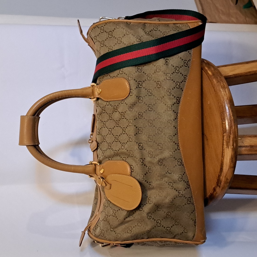Gucci Tan And Brown Travel Bag With Signature Stripe